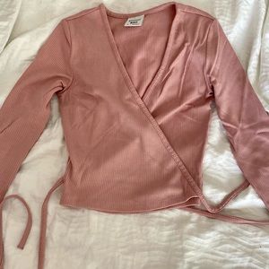 Aritzia pink front tie wrap shirt